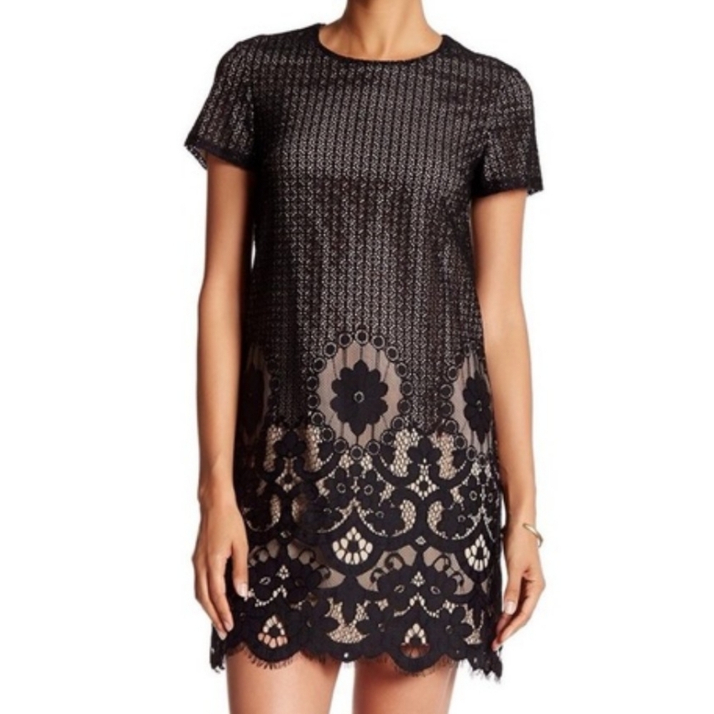 CeCe Black Lace Overlay Shift Dress